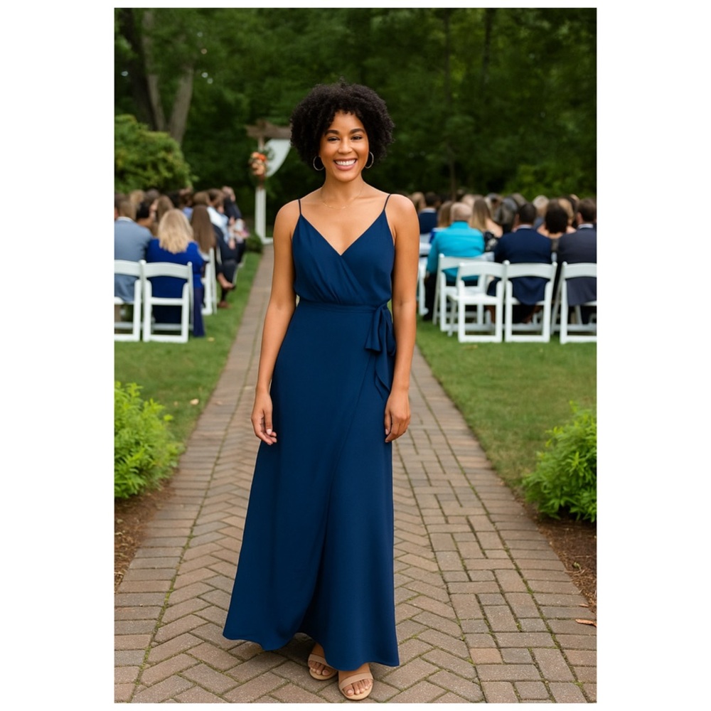 WAYF Wynona Navy Blue Faux Wrap V Neck Maxi Gown Dress Size L NWT Wedding Guest